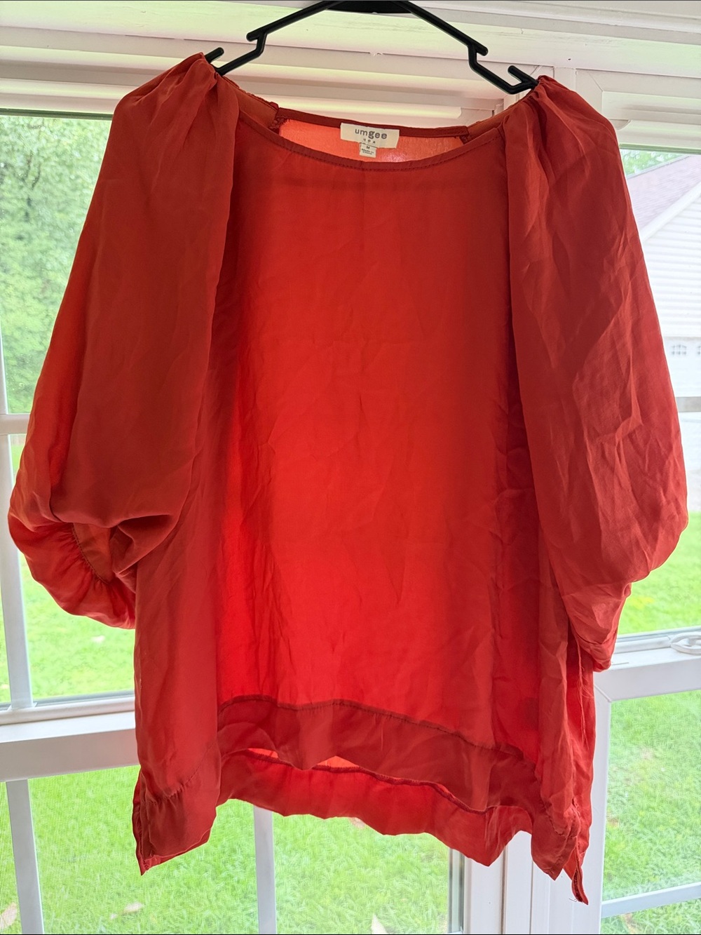 Umgee Coral-Red Puff Sleeve Sheer Blouse
